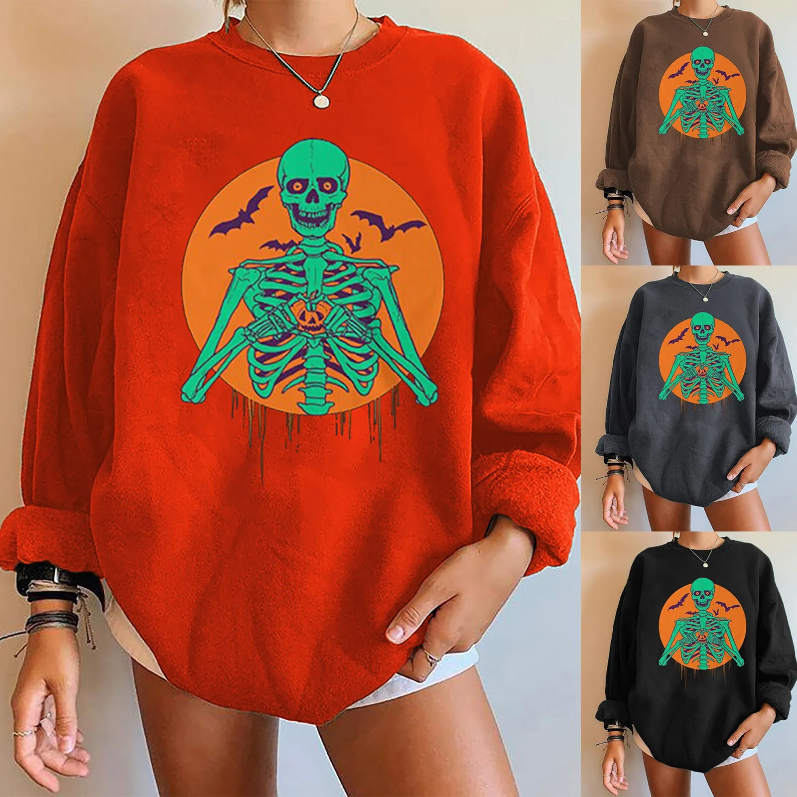 Halloween Long Sleeve Women's Sweatshirt Drop Shoulder Long Sleeve Women's Padde Retro embroidered sweatshirt harajuku 2021 1