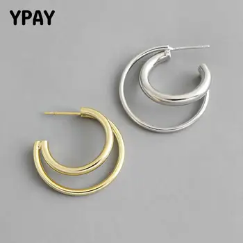 

YPAY 100% Solid 925 Sterling Silver Stud Earrings for Women INS Geometric Cross Double Circle Loop Earring Fine Jewelry YME632