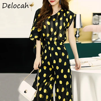 

Delocah Summer Women Fashion Designer Two Pieces Set Dot Printed Loose Ladies Top + Wide Leg Long Pants Two Pieces Suits Female