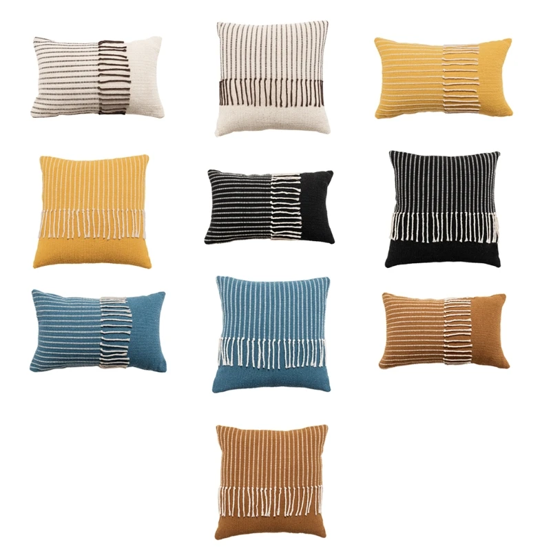 

Boho Morocco Tufted Throw Pillow Case Minimalist Striped Woven Knitted Irregular Fringe Tassels Decorative Cushion Cover