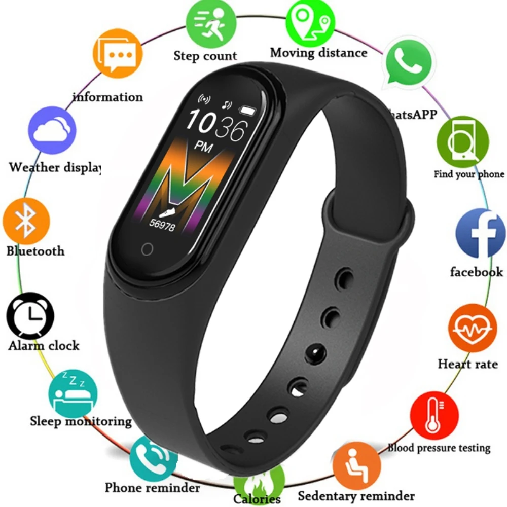 

Hot Women Men M5 Smart Bracelet Color Screen Heart Rate Blood Pressure Oxygen Monitoring Call Reminder Sports Smart Band Fashion