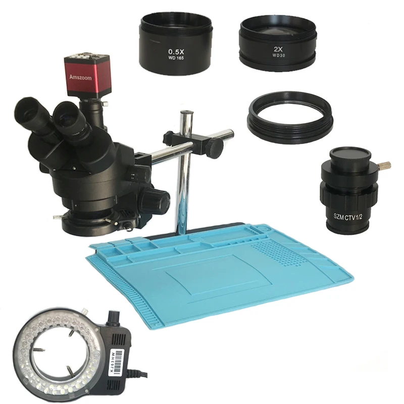 Acheter 3.5X 7X 45X 90X Microscope stéréo trinoculaire simul focal 13MP 720P HDMI VGA numérique microscope caméra sac à souder tapis chauffant
