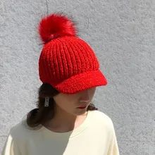 Зимняя теплая трикотажная бейсболка с помпоном и пушистыми помпонами в Корейском стиле, однотонная вязаная кепка с Плоским куполом, шапка Hart s