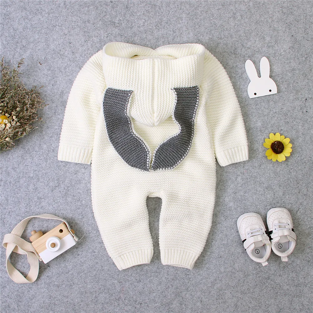 Милый детский хлопковый трикотажный комбинезон с кроликом для новорожденных; одежда для маленьких мальчиков и девочек; зимние костюмы на пуговицах с капюшоном и ушками; одежда с длинными рукавами