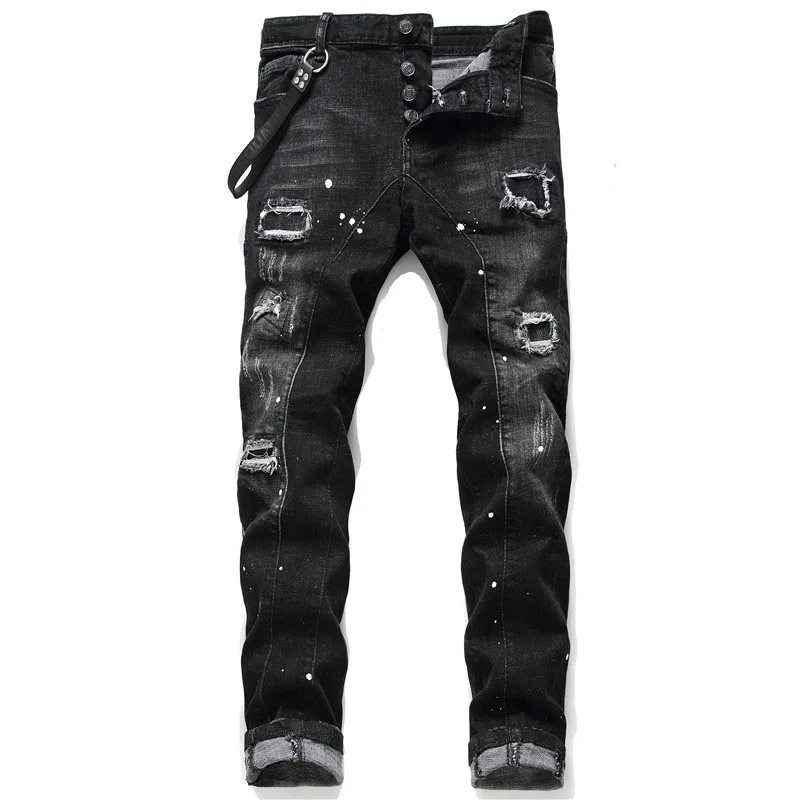 KIOVNO Mens Ripped Holes Denim Trousers Painted Patchwork Stretch  Jeans Pants For Male Straight (3)