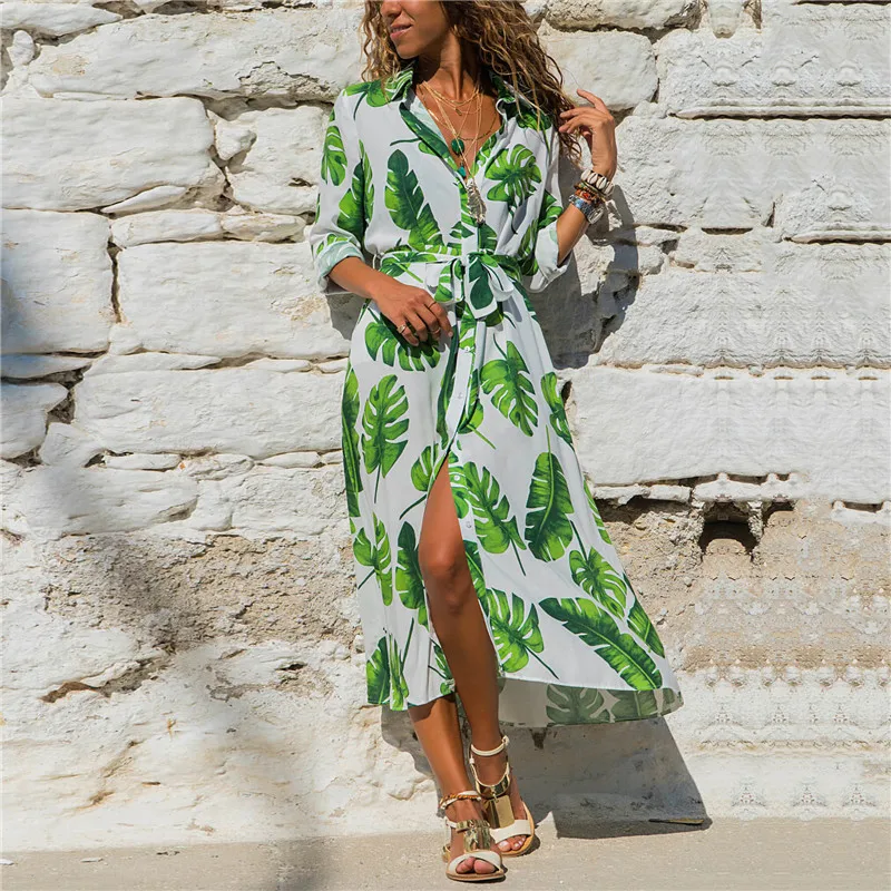 

Women Long Maxi Dresses V-neck Three Quarter Sleeve Floral Print Ethnic Summer Beach Female Split Stylish Style Dress