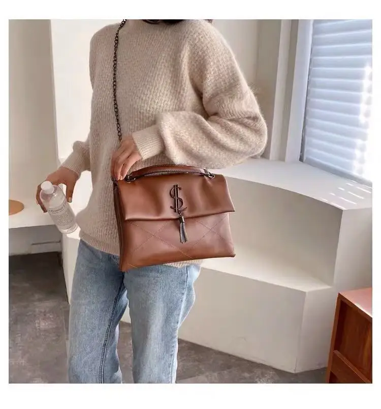Bolso de hombro de cuero de para mujer, bolso de bandolera con cadena, Bolso grande de diseñador de marca famosa, bolso de