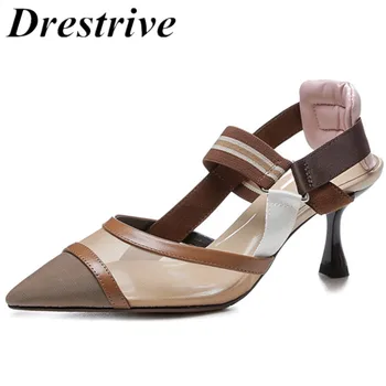 

Drestrive Women Sandals Patchwork Pointed Toe Mesh Thin Heels 6 cm Mixed Colors Cow Leather Buckle 2020 Fashion Female Pumps