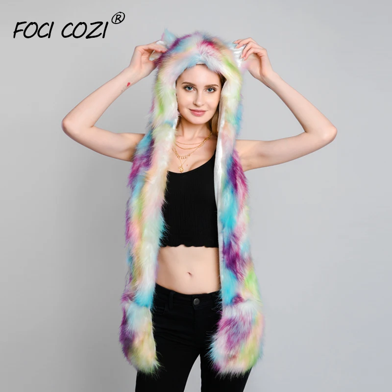 Tie Dye Faux Fur 3 в 1 многофункциональная шапка со светодиодным освещением, зимняя шапка и шарф для женщин, шапки в виде животных с лапами для взрослых