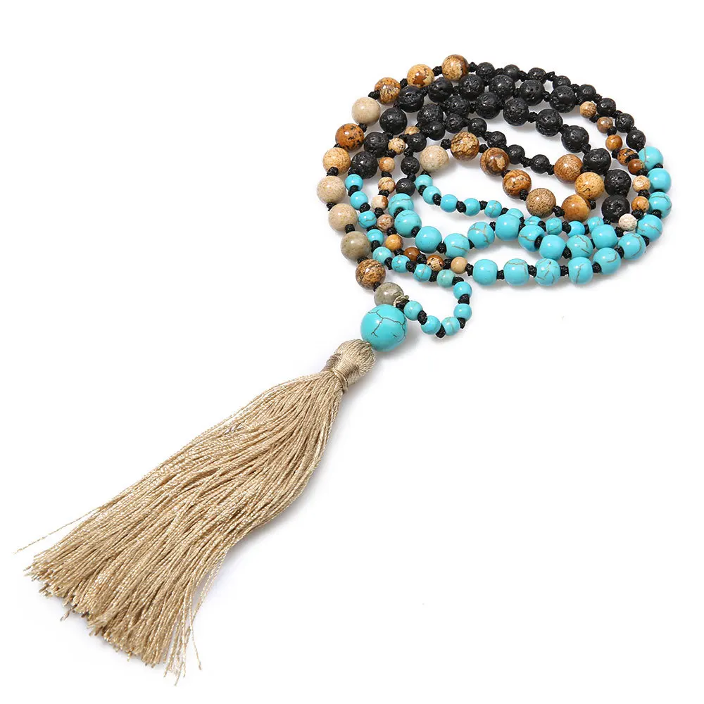 

Hot Selling Ethnic-Style Natural Semi-precious Stone 108 Handmade Knot Tassels Long Necklace