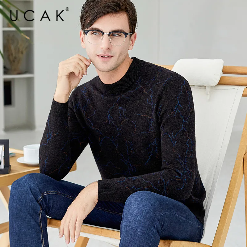 Cheap UCAK Brand Pure Merino Wool Sweater Men New Arrival Casual Autumn Winter Pull Homme Fashion Streetwear Sweaters Clothes U3147