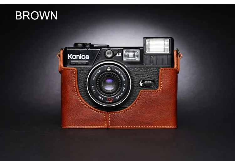 Handmade Genuine Real Leather Half Camera Case Bag Cover for Konica Hexar RF Dark Brown 