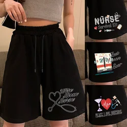 Verão preto shorts moda feminina cintura elástica calças curtas streetwear de cintura alta ampla perna confortável curto impresso roupas
