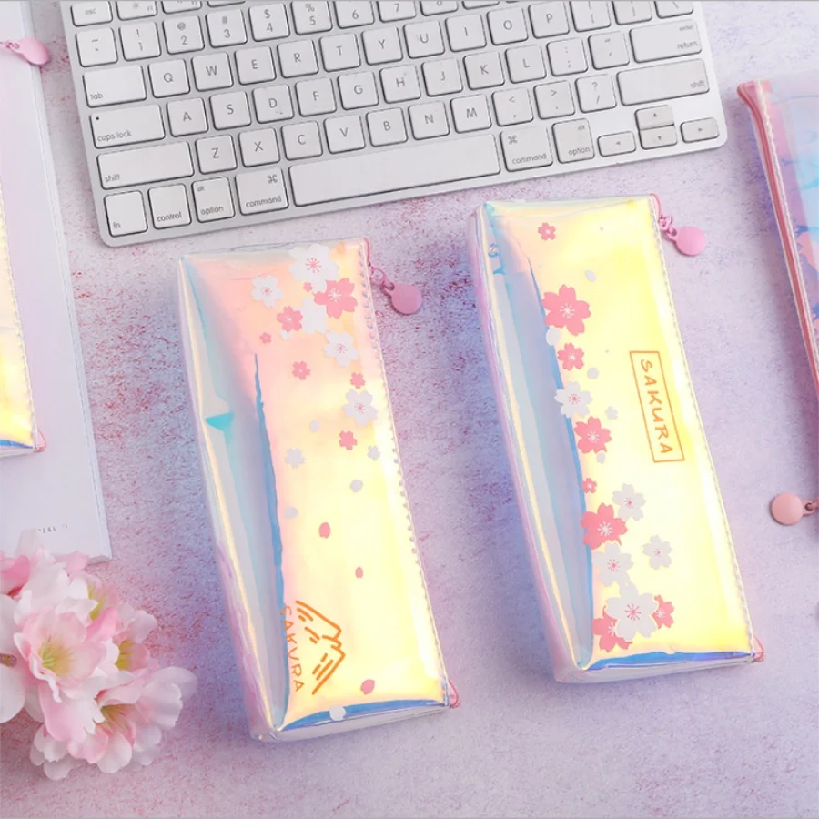 Kawaii ручка сумка для девочек голографический карандаш Cas лазер вишневый цвет Карандаш сумка школьные канцелярские принадлежности