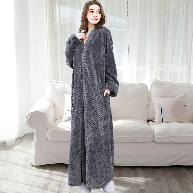 Women No Hood Grey 40-110 кг женский зимний фланелевый Халат с капюшоном размера плюс, теплый банный халат на молнии, ночной халат для беременных, Мужская одежда для сна - Цвет: Women No Hood Grey