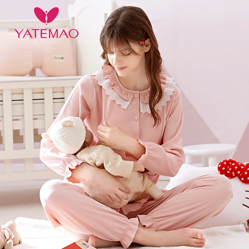 Пижама из хлопка с длинным рукавом YATEMAO зимняя для кормящих мам|nursing pajamas|winter nursing