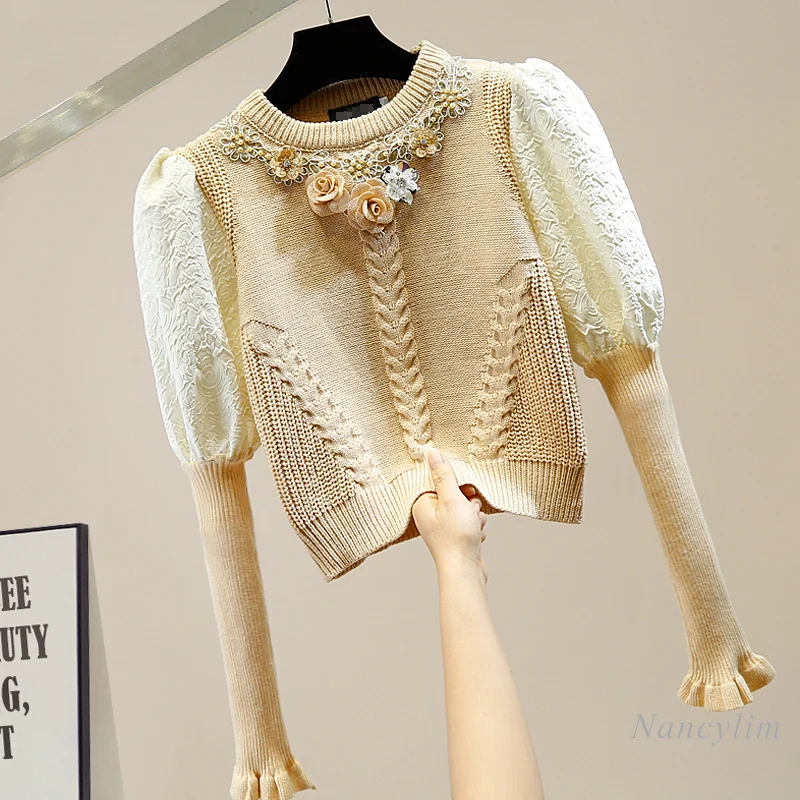 

Cropped Jumper for Woman New Beads Crystal-Studded Sequins Three-Dimensional Flower Puff Lace Sleeve Knitted Sweater for Lady