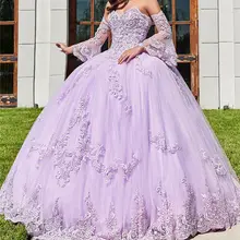 Lawenda Off The Shoulder Quinceanera sukienki 2021 suknia tiulowa Vestidos De Fiesta puszyste sukienki słodka elegancka sukienka na studniówkę