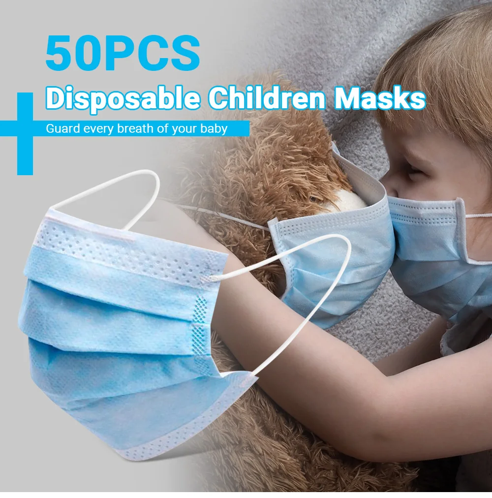

24 Hours Fast Shipping 50PCS Disposable Children Face Masks 3-Layer Protection Elastic Earloop Dustproof Anti Spit Splash Mask