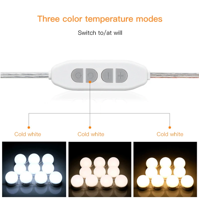LED 5V Makeup Mirror Light Bulb Hollywood Front Light 10 Levels of Brightness Adjustment Hidden Wiring USB Charging 10 Lights
