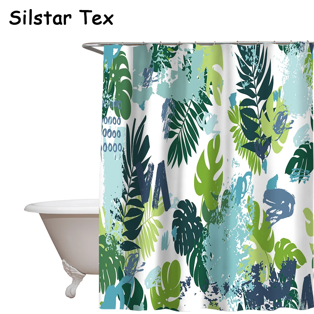 Silstar Tex Green Leaves Pattern Tropical Shower Curtain Natural Plant
