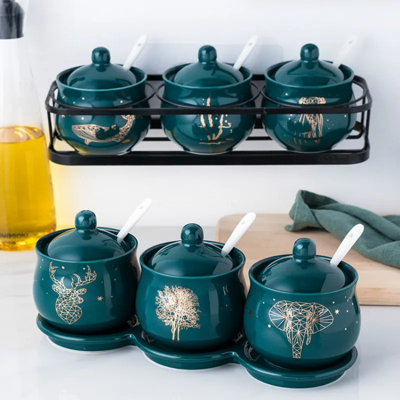 Light Luxury Ceramic Seasoning Jar Set Cruet Four-Piece Household Wall Hanging Box Kitchen Storage | Дом и сад