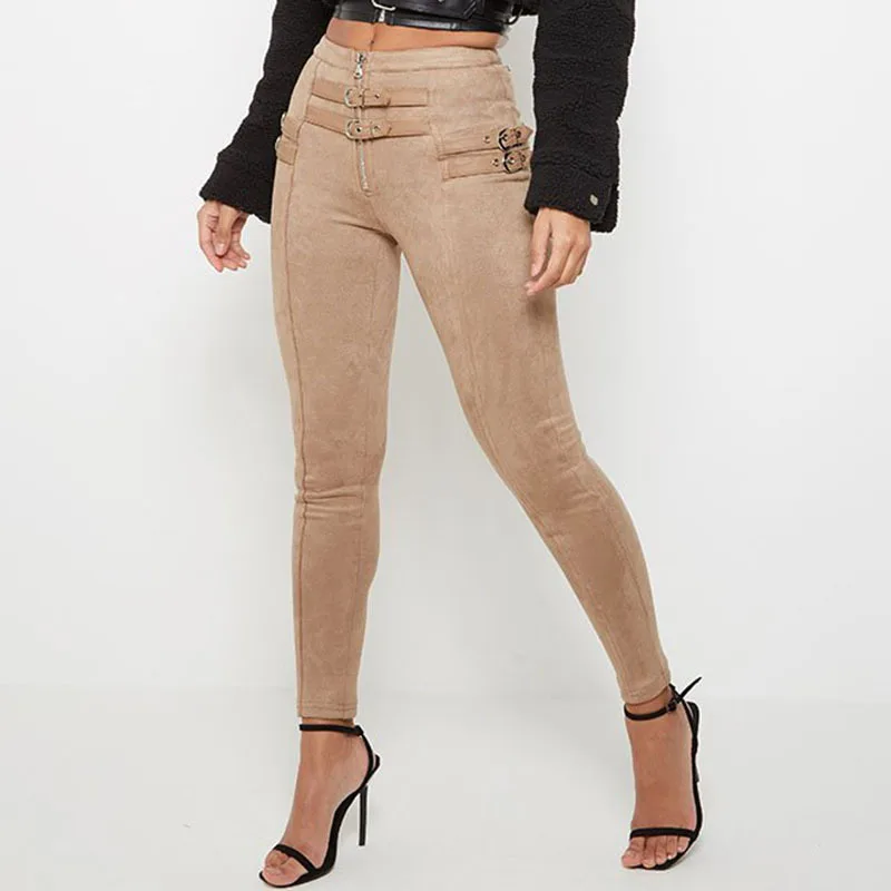 Pu Belt Design Faux Suede Leggings High 