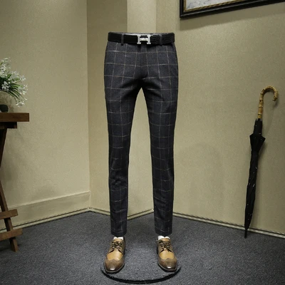 60% шерстяные мужские брюки серые клетчатые мужские уличные тонкие Умные повседневные Костюмы Брюки Офисные деловые мужские брюки осень зима - Color: Gray