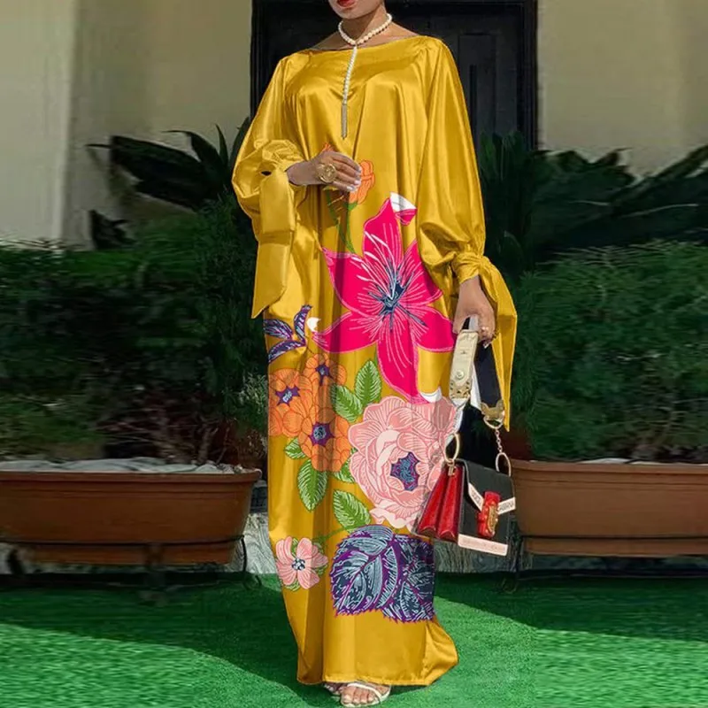 Yellow Lady Ankara Robes Long Sleeve Loose Muslim Maxi Dresses Spring And Autumn New Fashion African Dresses For Women 2022