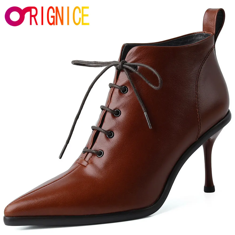 

Orignice Fashion Thin High Heel Lace Up Ankle Boots Women Hot 2021 Sexy Pointed Toe Cow Leather Black Brown Party Dress Shoes