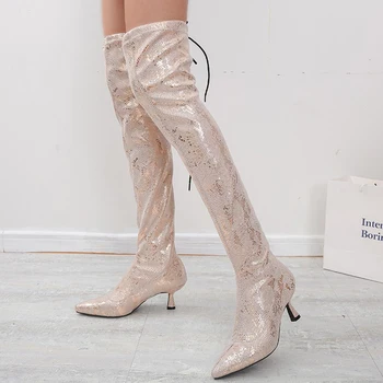 

Rimocy Gold Sexy Snakeskin Pattern Over The Knee Long Boots Female Pointed Toe High Heels Shoes Women Plus Size Thigh High Boots