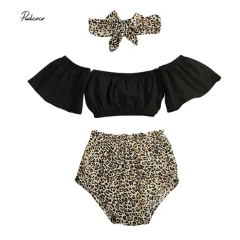 

Fashion Infant Baby Girl Clothing Set Off-Shoulder Tops Vest Leopard Shorts 3PCS Outfit Toddler kid Children's clothes for Girl