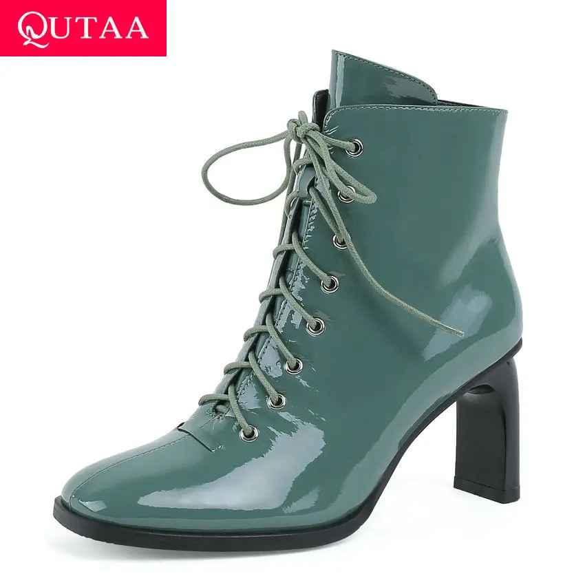 

QUTAA 2020 Lace Up Square Toe Cow Patent Leather Fashion Ankle Boots Square High Heel Zipper Autumn Winter women shoes Size34-43
