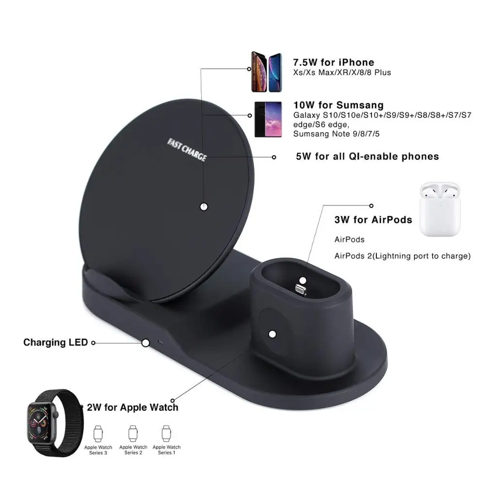 Беспроводное быстрое зарядное устройство Qi 3 в 1 док станция для Airpods Apple Watch 4 iPhone 8 X