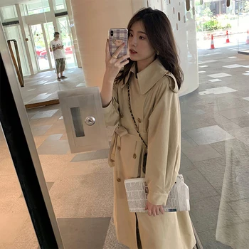 

Ladies Autumn Jacket Khaki Double-breasted Lapel Trench Coat Classic Fashion Slim Coat with Belt