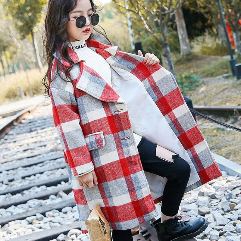 Fashion Winter Children Trench Coats Clothing Big Girls Plaid Worsted Tops Turn Collar Long Full Sleeve Cotton Jackets Kids