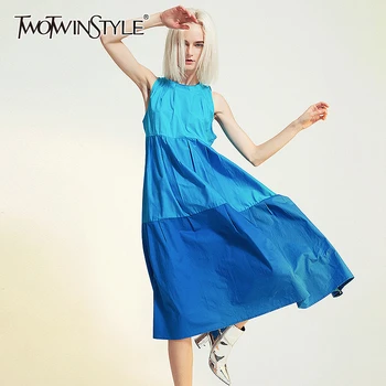 

TWOTWINSTYLE Patchwork Hit Color Women Dress O Neck Spaghetti Strap High Waist Ruched Dresses For Female Spring Fashion Clothing