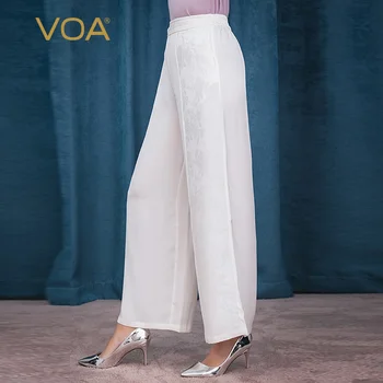 

VOA white mid-waisted asymmetrical stitching pleated waist buttons decorated with loose long silk wide-legged pants K932