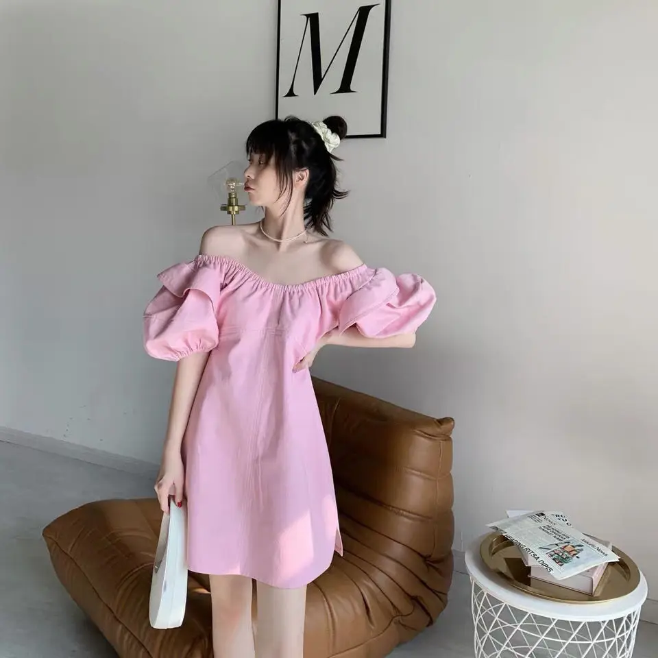 South Korea Pink Off Shoulder Ruffle Mini Dress Women V Neck Puff ...