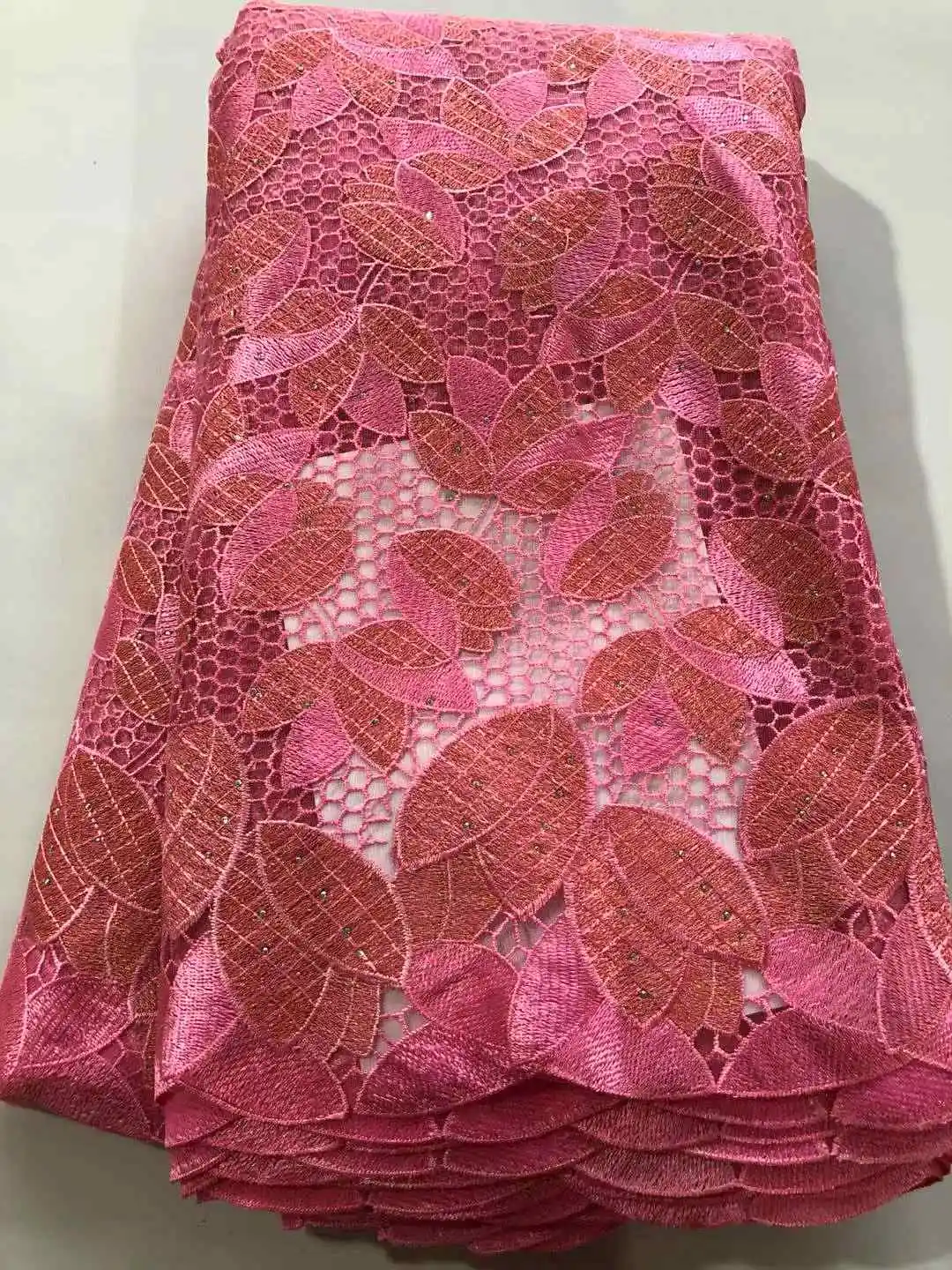

Heavy Stones Cord Guipure Lace Fabric 5 Yards 2021 High Quality Pink African Nigerian Guipure Cord Lace Fabric For Dress Sew