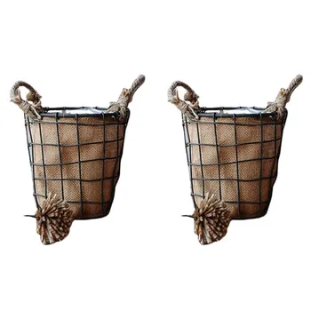 

2PCS Wrought Iron Baskets Iron Linen Weaving Baskets Storage Flower Baskets Iron Art Flower Pots for Hotel