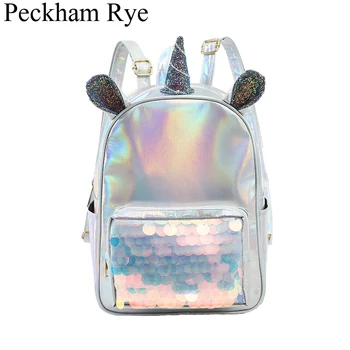 

Unicorn Laser Leather Backpack Women School Bags For Teenage Girls 2019 Kids Mochila Mujer Bagpack Silver Back Pack Schoolbag