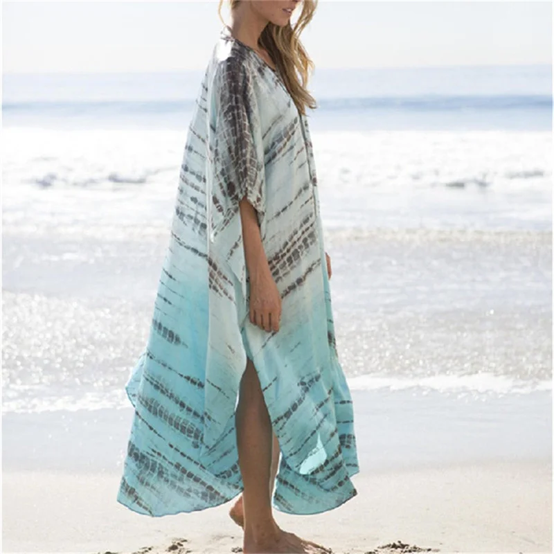 Summer Chiffon Printed Bikini Beach Cover Up Women Sexy Deep V-Neck Loose Boho Robe Holiday Dress Sun Protection Shirt Cover Up