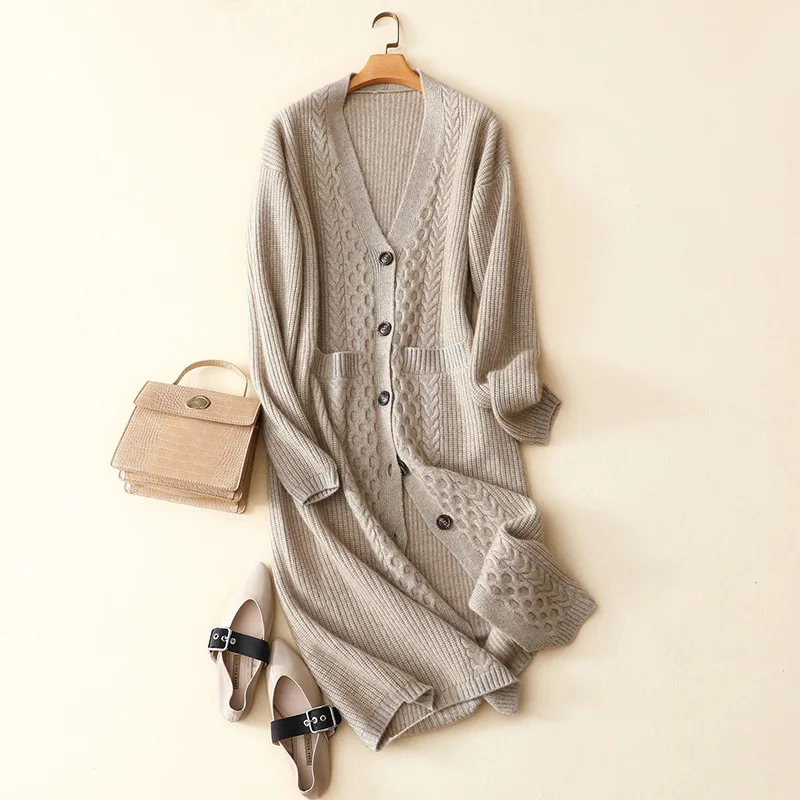 

Shuchan Designer Women Long Cardigan 2019 High Quality100% Cashmere Knitted Sweater with Cut Single Breasted High Street V-Neck