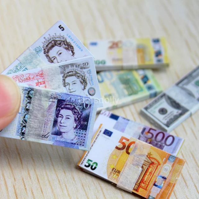 1/12 Scale Dollhouse Mini Dollars Euro British Pound Banknotes Model Miniature Items for Barbies OB11 Doll House Accessories Toy 4