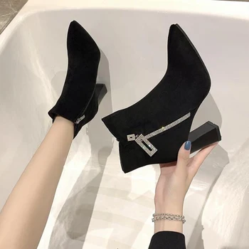 

Ankle Boots Women Boots Women Shoes Ladies Boots Fashion High-heeled Ankle Boots Suede 2020 Autumn New Style Plus Fur Warm D570