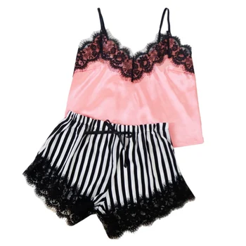 

2PCS Sexy Lace Women's Pajamas Set Sleeveless Sleepwear Satin Silk Pajamas Home Suit Backless Strap Camis+Short Female Nightwear
