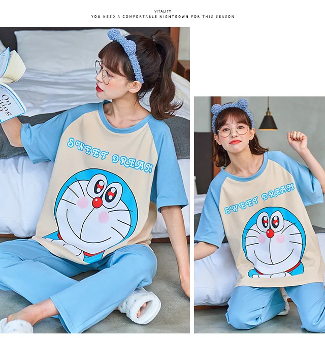 Cartoon Anime Doraemon Pajamas Set Women Cotton Plus Size Blue Patchwork Short Sleeve Kawaii Sleepwear Summer Homewear Female satin pajamas for women