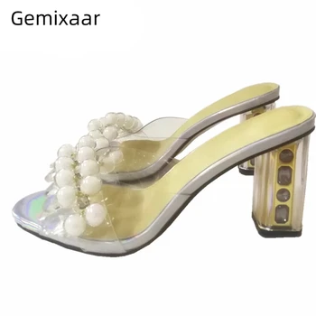 

Clear Crystal Chunky Heel Shoes Woman Transparent PVC One-strap Rhinestone Outwear Mules Fashion 2020 Summer Slippers Women