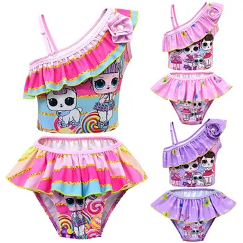 

2020 new children's Lol swimsuit suit girls swimwear doll cartoon pattern diagonal shoulder swimsuit two-piece suit